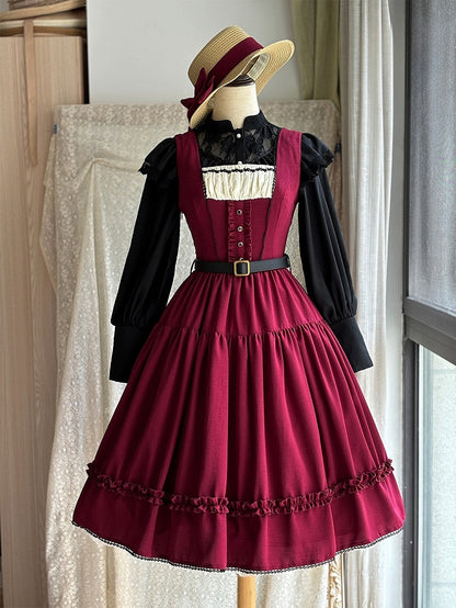 Red Elegant Classic Lolita JSK Dress with Ruffled Front Placket and Lace Trim