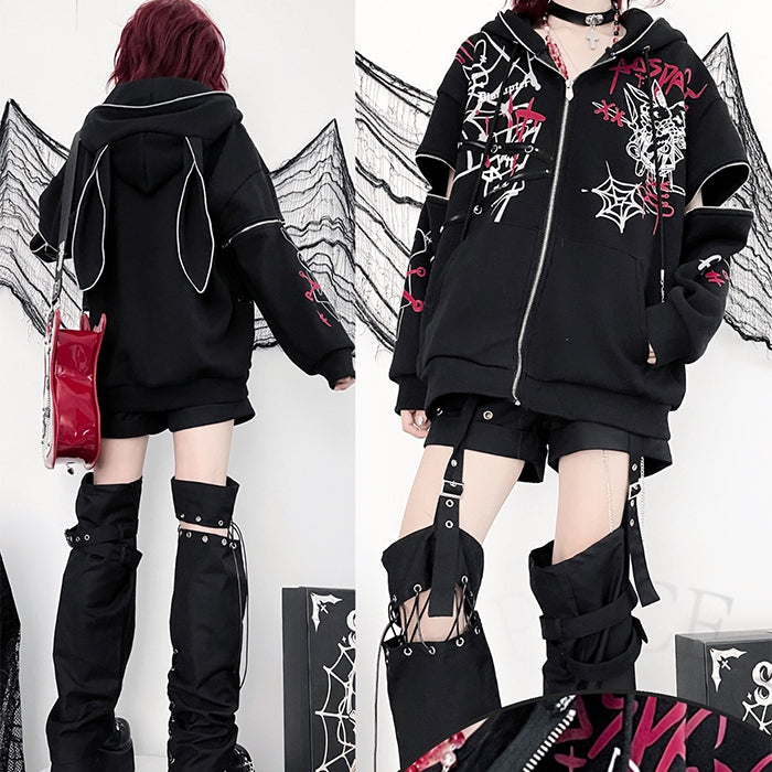 Zip-Up Sleeves with Y2K Graphic Black Hoodie Bunny Ears Print Zipper