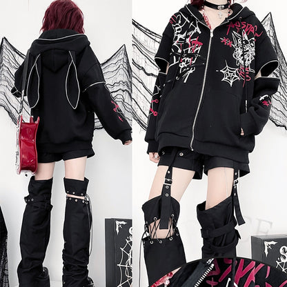 Zip-Up Sleeves with Y2K Graphic Black Hoodie Bunny Ears Print Zipper