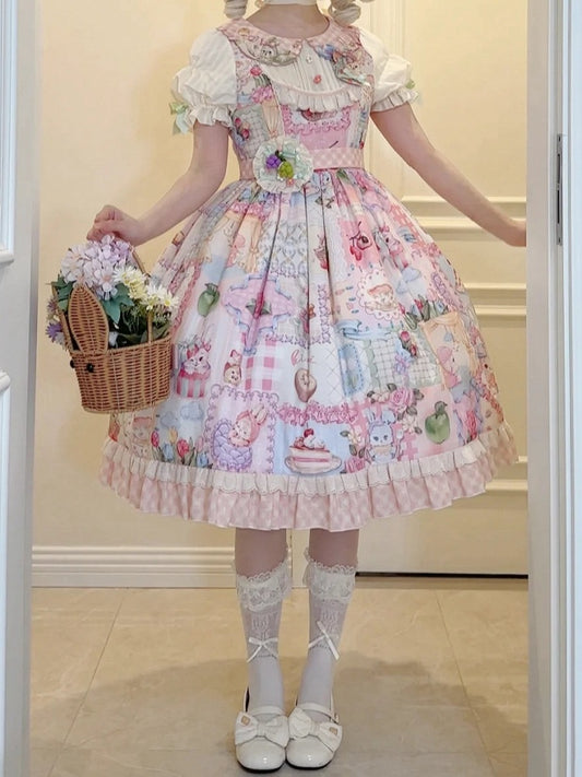 Bunny Embroidery Collar Cottagecore Patchwork Sweet Lolita Dress with Detachable Sleeves