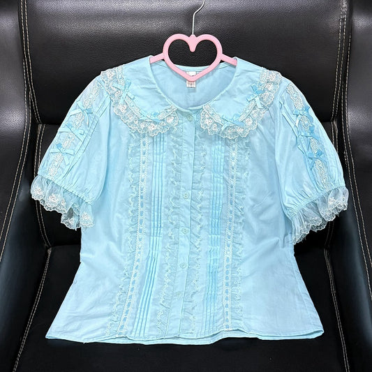 ロリータショートブルーパンスリーブコットンピーターブラウスカラースイート