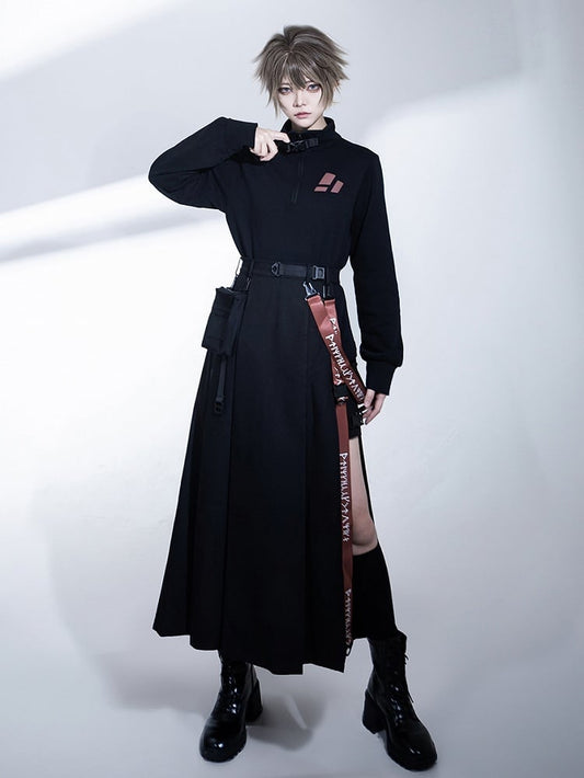 ブラックウエストカーゴストラップバッグスカートハイスリット入り