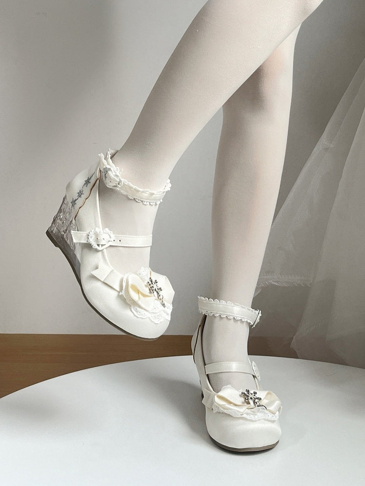 Elegant White Slope Heel Lolita Shoes with Lace and Bow - Vintage Sweetheart