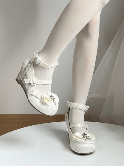 Elegant White Slope Heel Lolita Shoes with Lace and Bow - Vintage Sweetheart