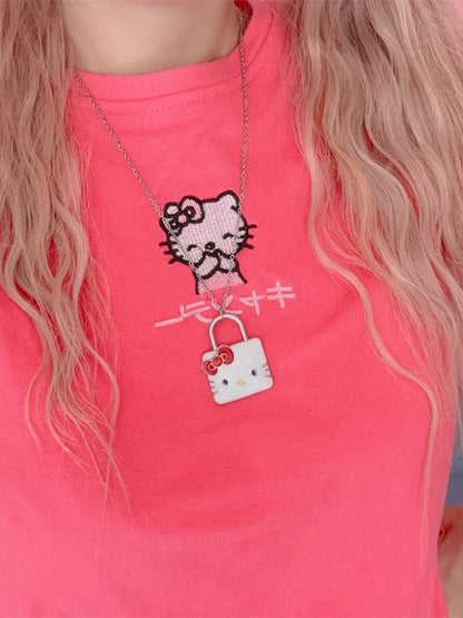 Halskette mit Kätzchen-Anhänger in Weiß/Strass