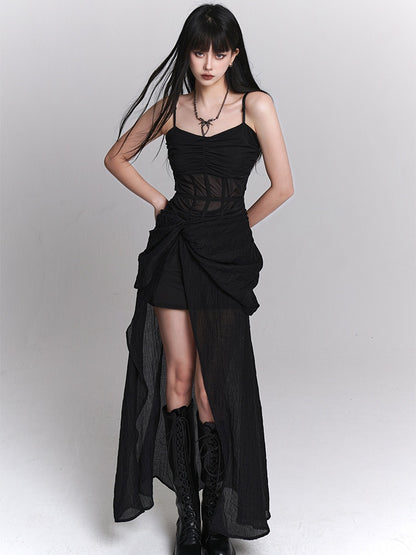 Gothic Black Twist Detail Slit Slip Dress