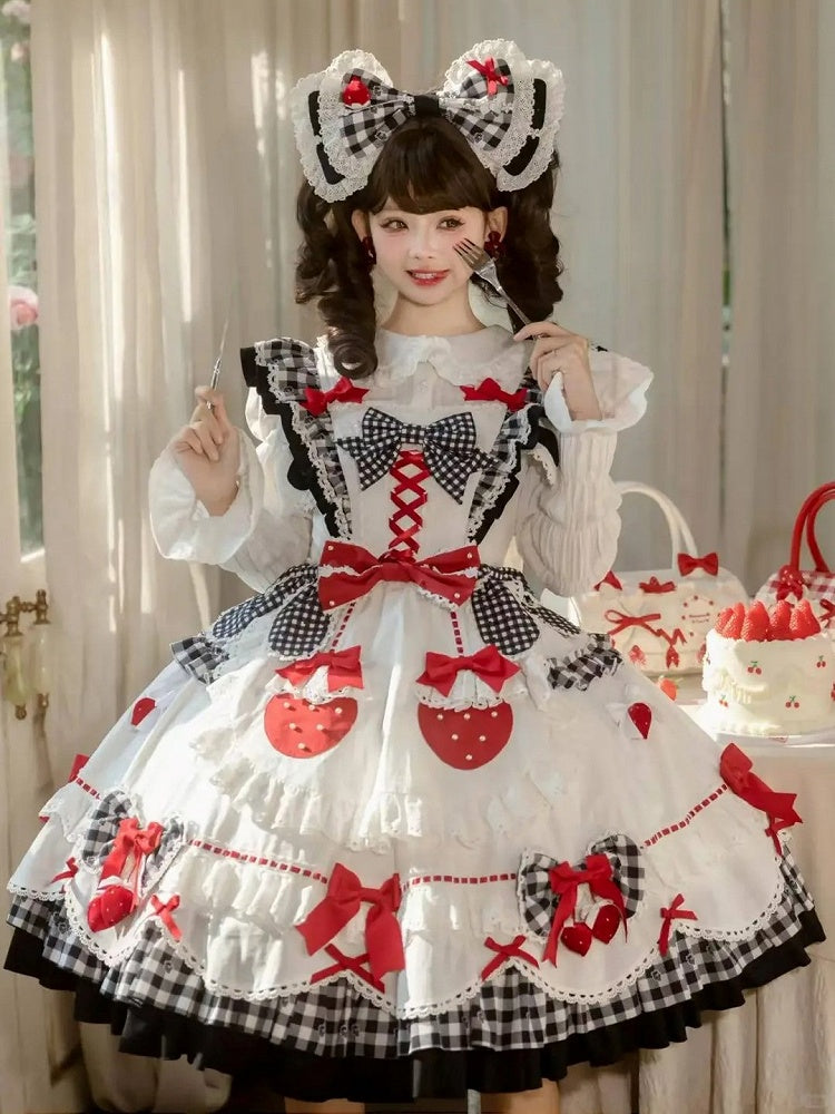 Details Flutter White Sleeves with Sweet Lolita Black Gingham Bow Dress
