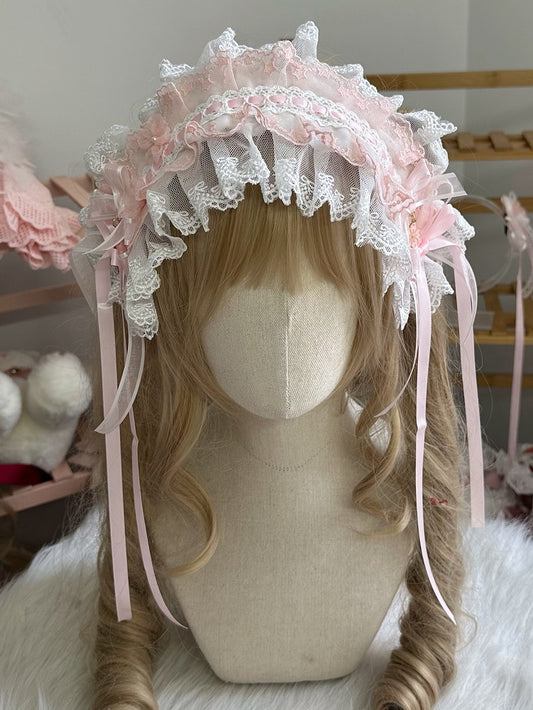 Ruffled Hairband Sweet Lolita Lace Bow Pink White