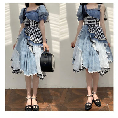 Alice in Wonderland Blue Checkerboard Lolita Dress - Long Asymmetrical