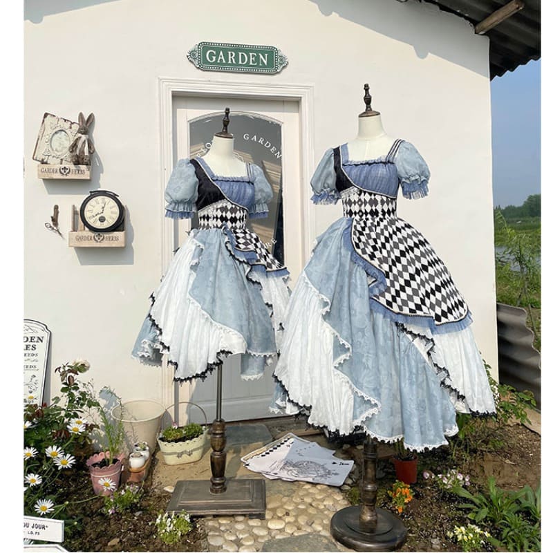 Alice in Wonderland Blue Checkerboard Lolita Dress - Long Asymmetrical