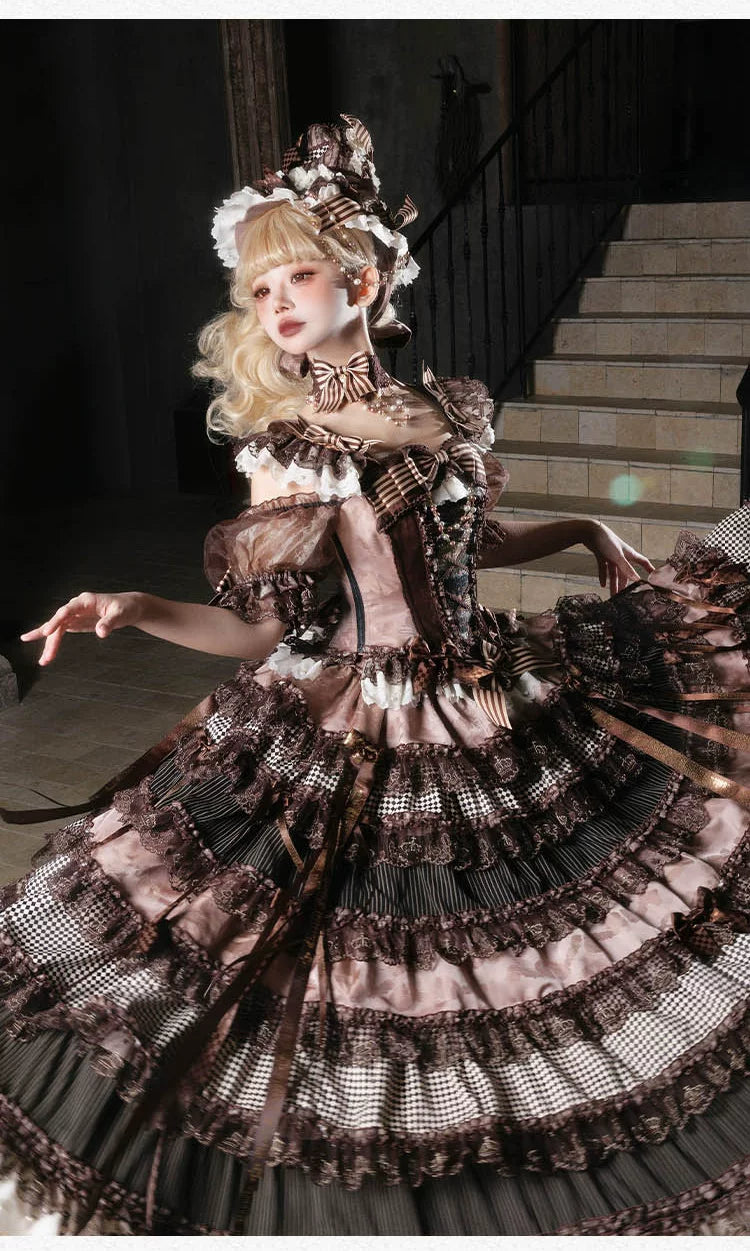 Steampunk brown corset and skirt set styled with matching accessories