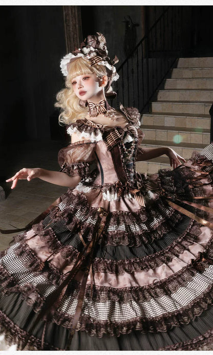 Steampunk brown corset and skirt set styled with matching accessories