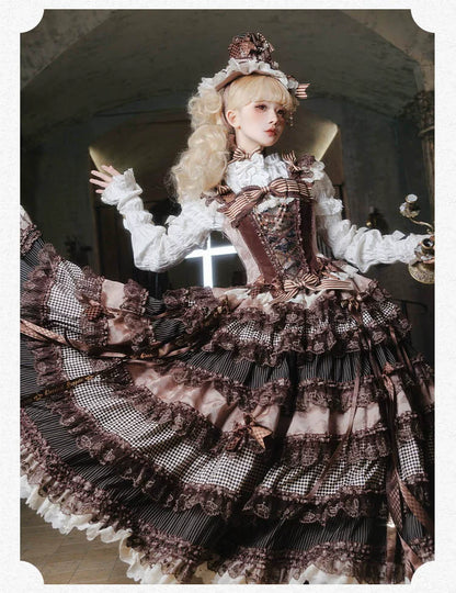 Antoinette Cake Steampunk brown Lolita corset and layered skirt, front view