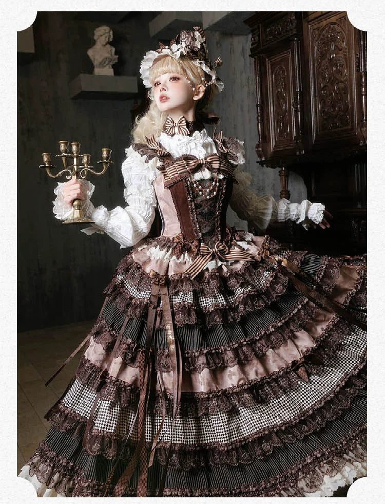Steampunk brown corset and tiered skirt styled with a white blouse