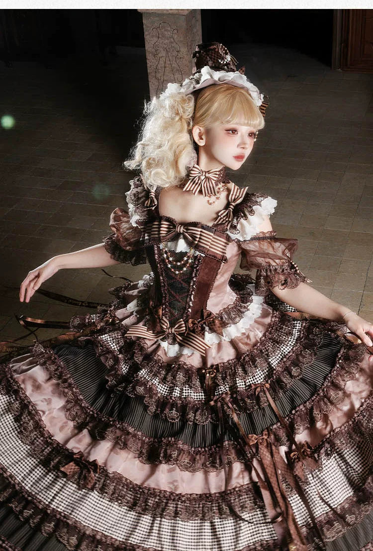 Brown Steampunk Lolita corset and skirt, lace and bow details