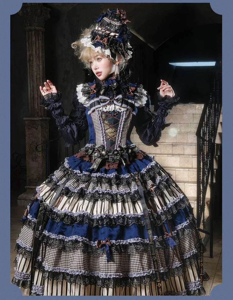 Astronomical Clock blue corset and skirt set styled with matching accessories