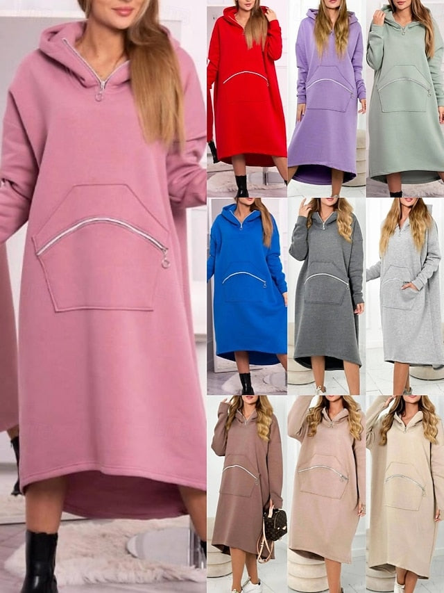FashionChic Women's Hooded Midi Dress | Casual Polyester Dress with Pockets & Zipper (S-5XL)