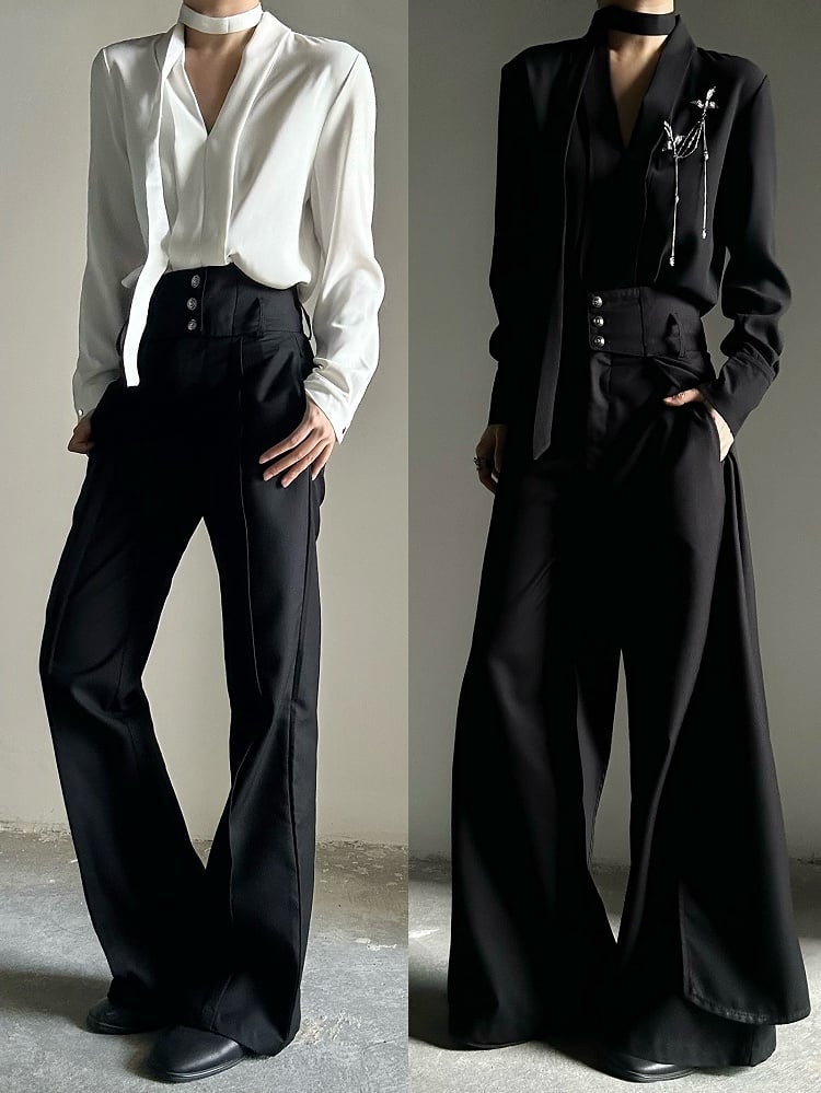 Bird with Princely Black Scarf Style Brooch + Blouse V-Neck in Ribbon