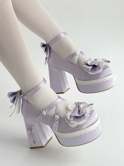 Platform Lace Straps Block Fork Buckle Heels Purple Bowknot Lolita Embroidery High