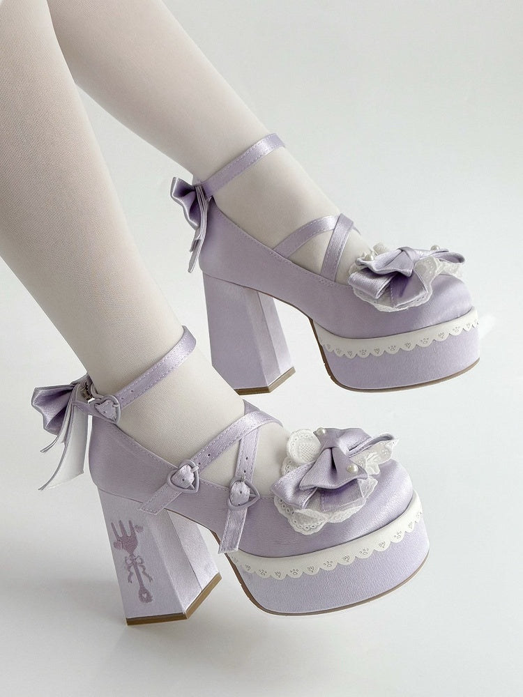 Heels Embroidery Lace Bowknot Block Purple High Platform Buckle Straps Fork Lolita