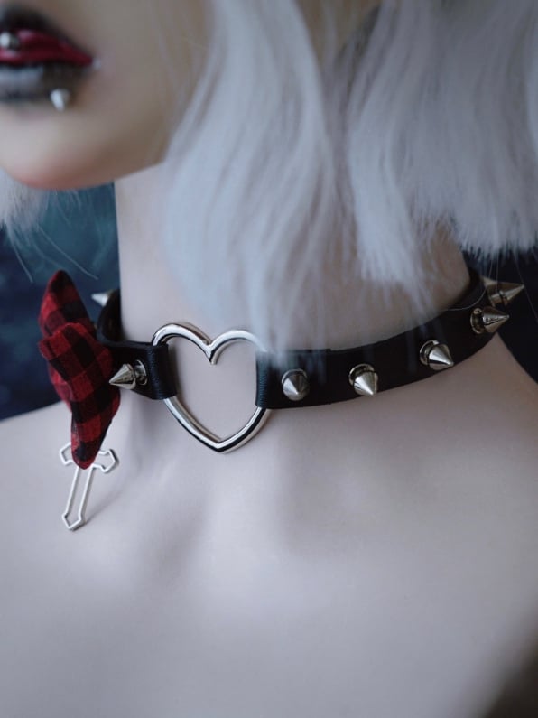 And Cross Black With Plaid Heart Pattern Pendant Red Buckle Bowknot Choker