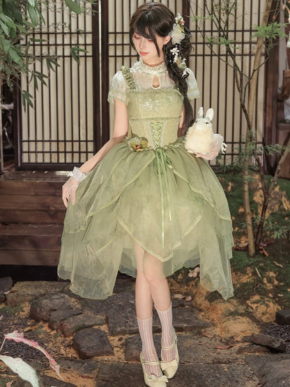 Green Orchid Chinoiserie Lolita OP Dress & Hairclips Set - With PUJI