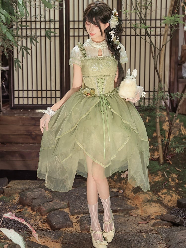 Green Teardrop Cutout Neck Chinoiserie Lolita OP Dress - With PUJI