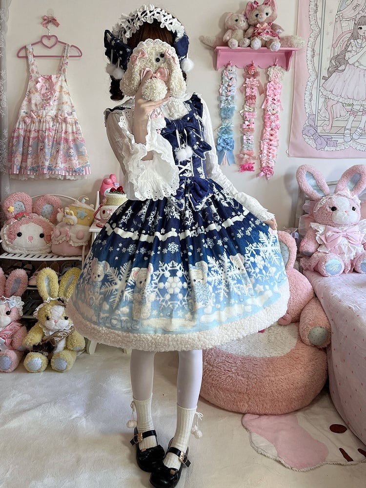Teddy and Snowflake Print Dark Blue-Light Blue Gradient Winter Sweet Lolita Dress with Fleece Hemline
