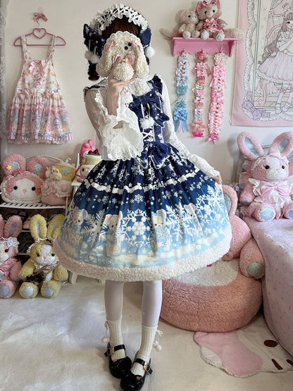 Teddy and Snowflake Print Dark Blue-Light Blue Gradient Winter Sweet Lolita Dress with Fleece Hemline