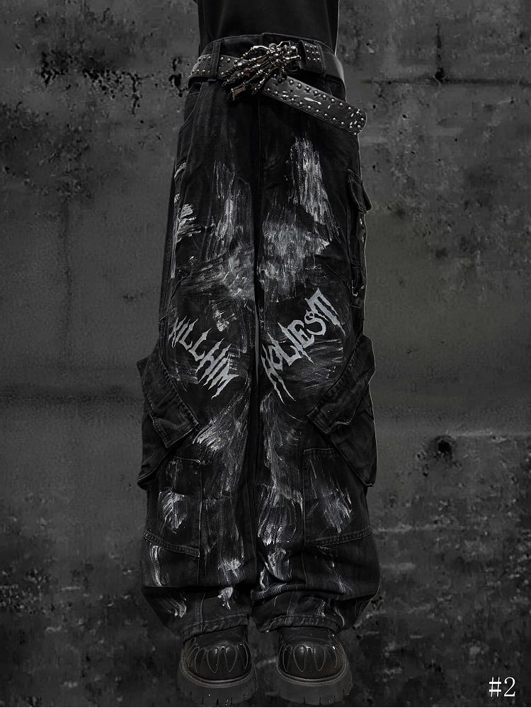 with Cargo Faded Wasteland Wash Paint-Splatter Black Jeans and Wide-Leg Punk Print