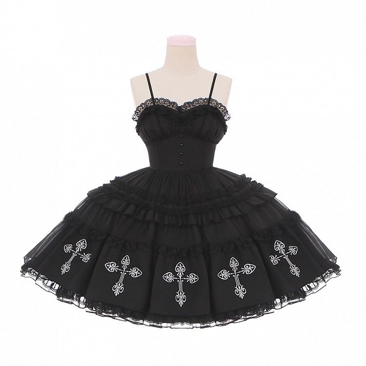 Kuro Black Cross Print Lace Trim Gothic Lolita Puffy Dress Jumper Skirt