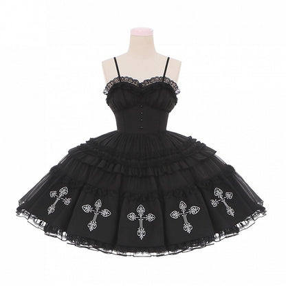 Kuro Black Cross Print Lace Trim Gothic Lolita Puffy Dress Jumper Skirt