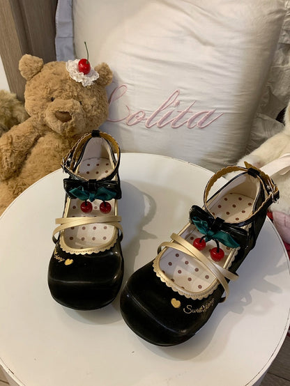 Low-heel Mary Cherry Heart Black Snap Janes Sweet Embellishments Lolita with