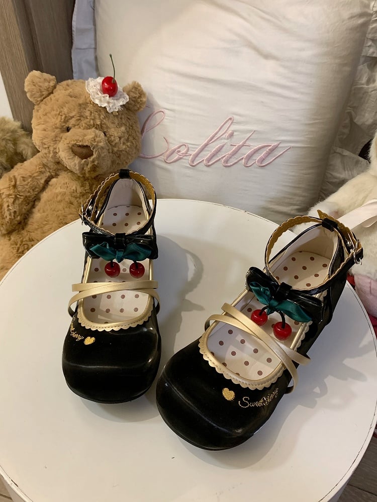 with Low-heel Heart Embellishments Cherry Sweet Lolita Snap Mary Black Janes