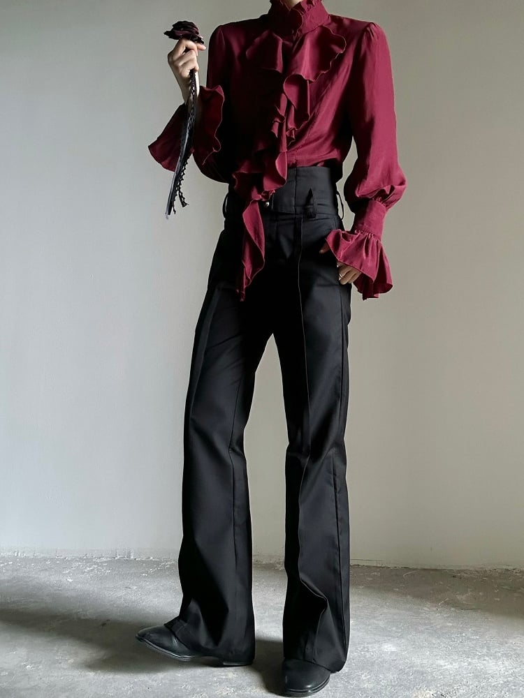Waistband Straight-Leg Flare with Black High-Waisted Ouji Pants Vertical Lolita Buttoned