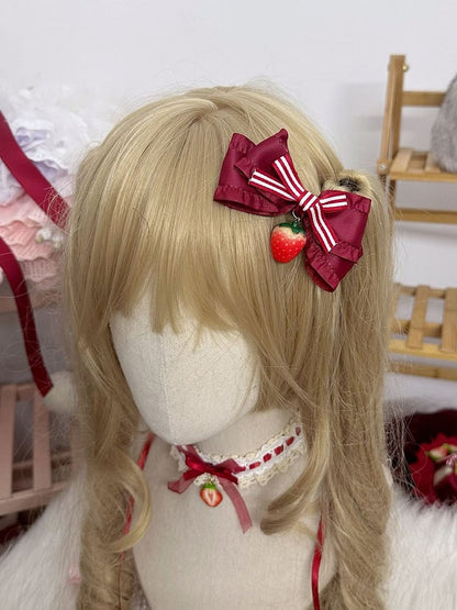 Sweet Lolita with Hairclip Bow Charm Red Strawberry Striped