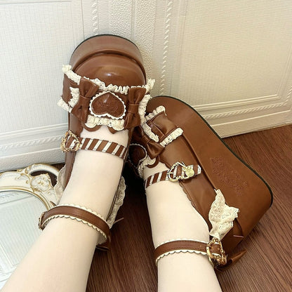 Sweet Lolita Trim Brown Teddy Bear Lace Shoes Themed Platform with