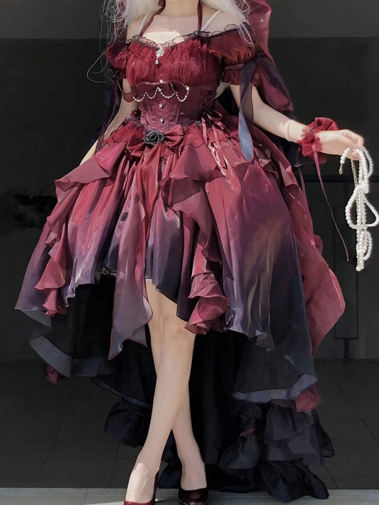 Dress Off-the-shoulder Boned High-low BlackRed with Lolita Bodice Neckline