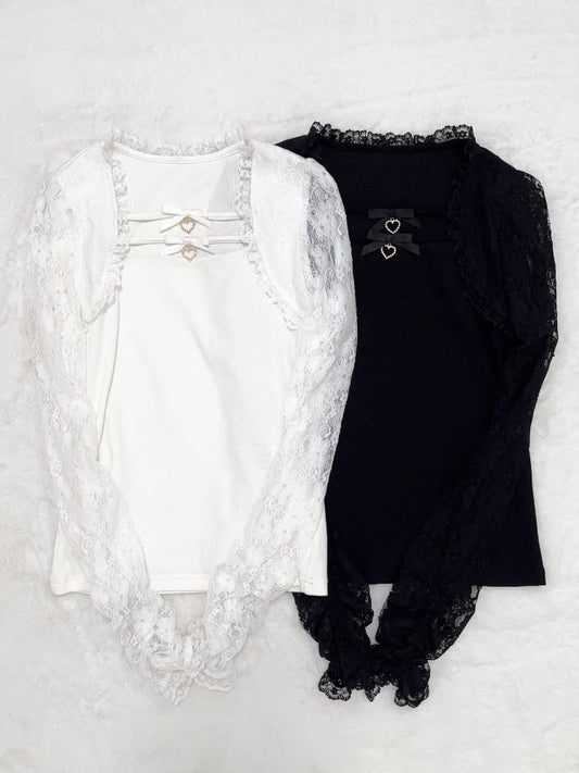 Bowknots Jirai Kei Black/White Neckline Lace Sleeves Top