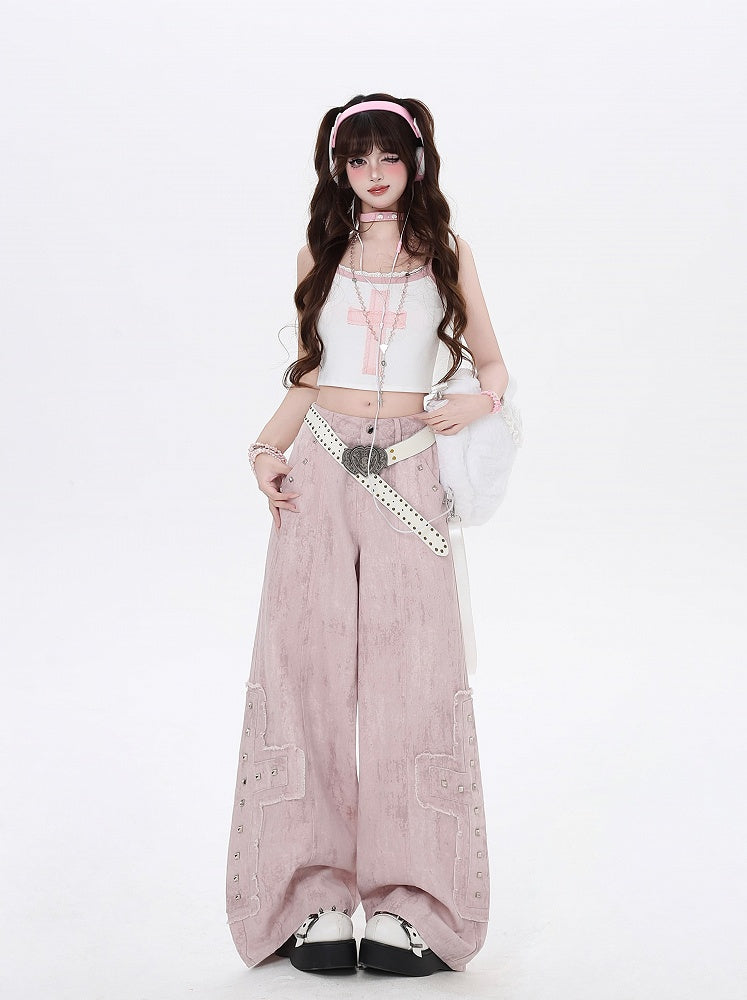 Studded Cross Appliques Wide-Leg Jeans Waist Light Pink Low