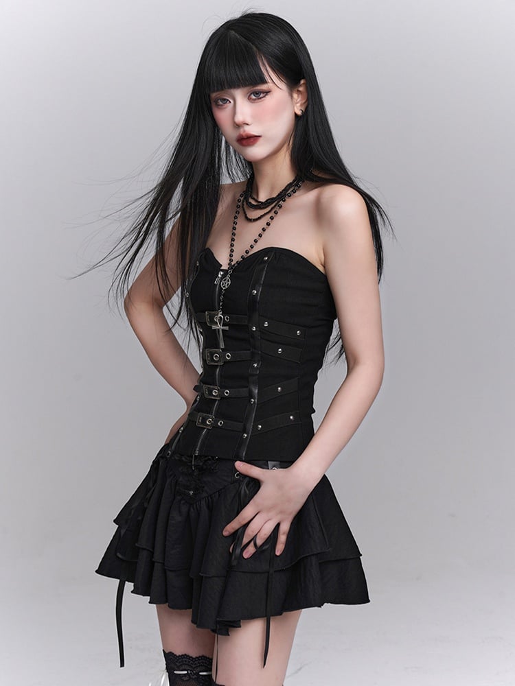 Lace Tiered Skirt Cross Black Lace-up Waist Studded
