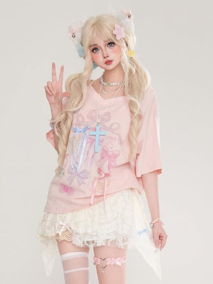 Print Lace Bow Details And Pink With Top Hem