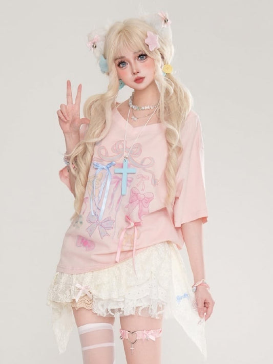 Print Lace Bow Details And Pink With Top Hem