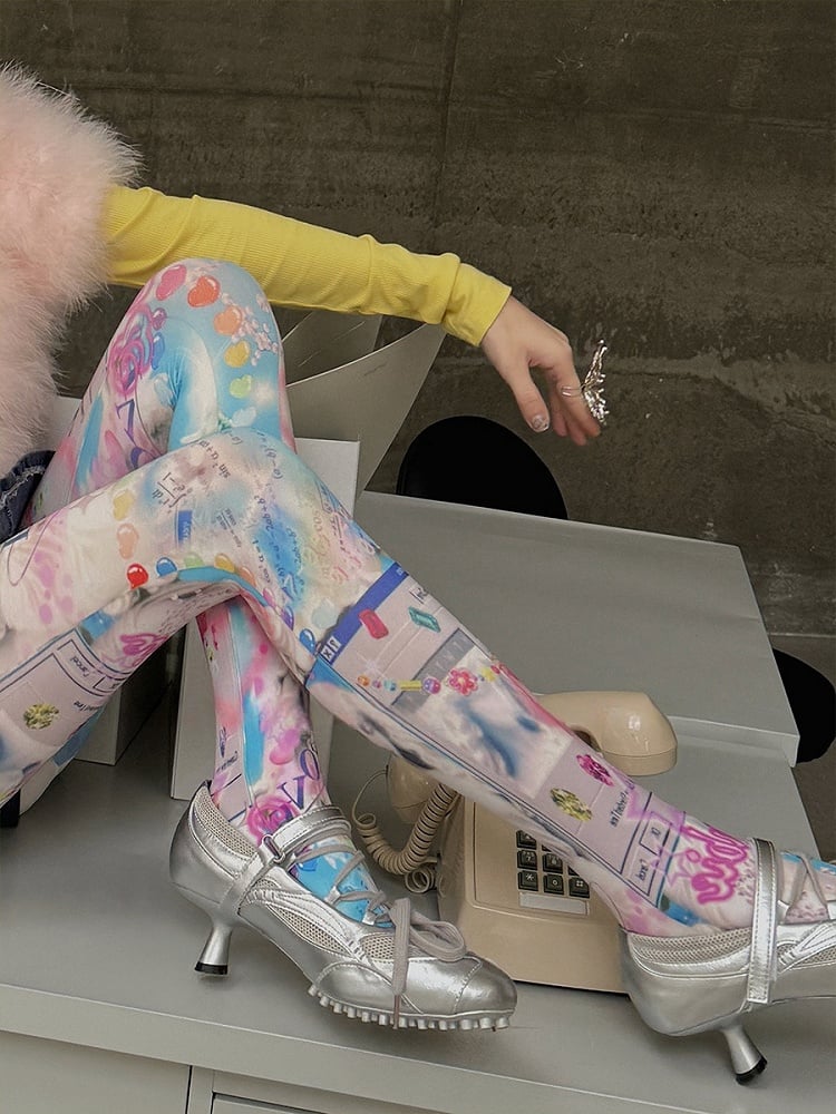 ホワイト Y2K バービー プリント タイツ