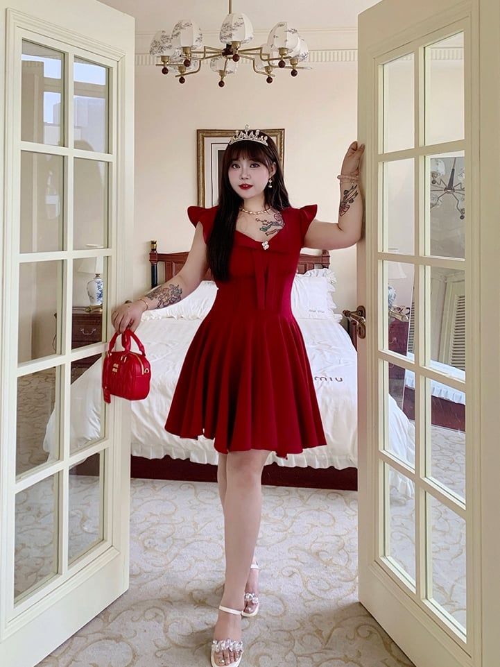 Plus Size V-Ausschnitt Kleid Flatterärmel Große Schleife Vorne Rot