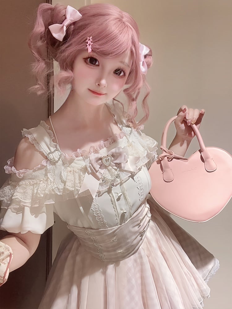 Top with Off-the-shoulder Jirai Kei Apricot Neckline and Pink Lace Trim