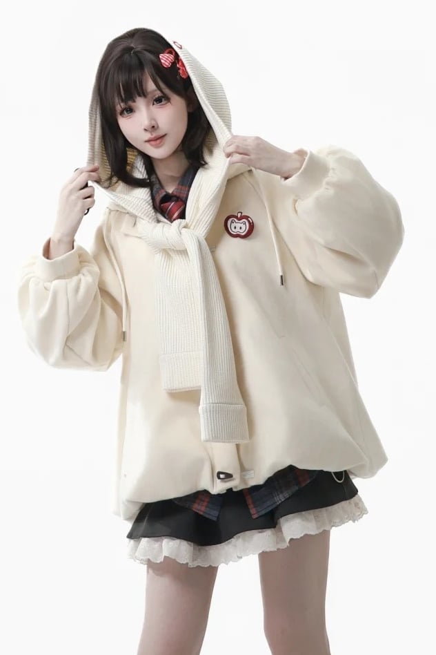 Toggle Button with Hem - Apple White Hooded Bubble Closure Jacket Brooch