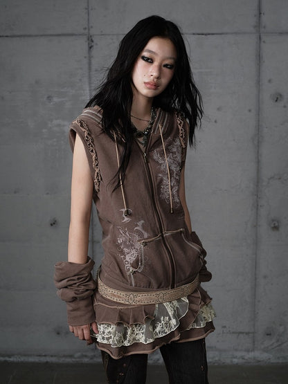 Lace Wasteland with Dress Khaki Hoodie Punk Y2K Tiered Detachable Trim Sleeves