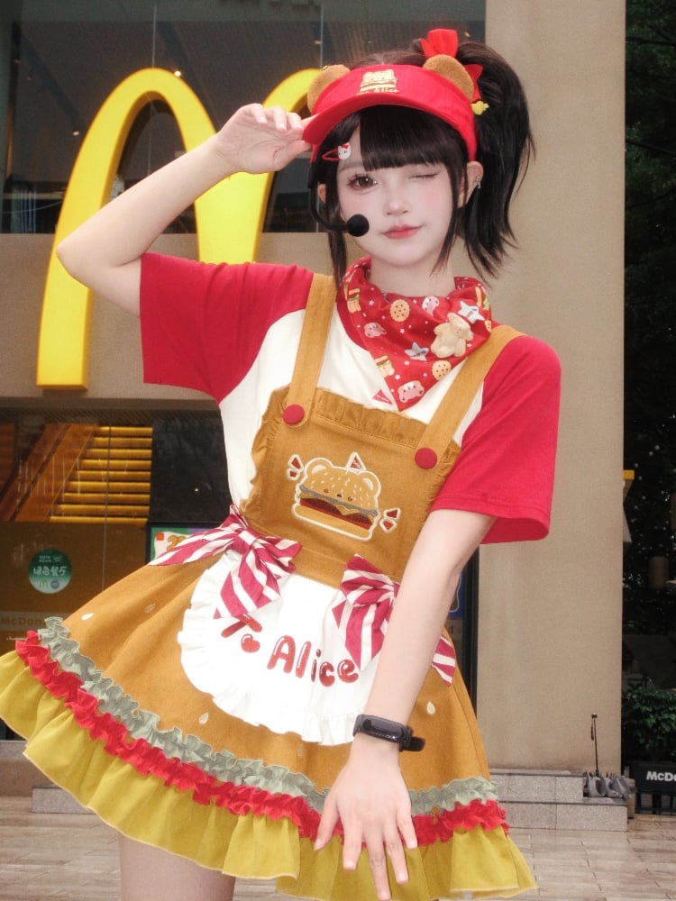 with Khaki Overalls Sweet Bowknots Hamburger Striped Cute Teddy