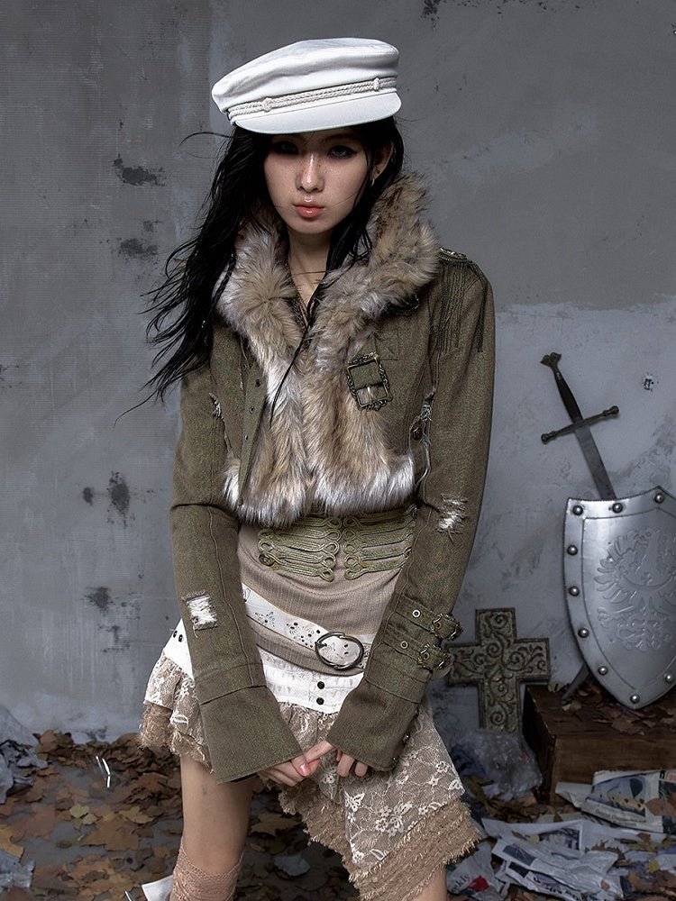 Buckle Punk Denim with Fur Crop Street Green Straps Faux Vintage Collar Jacket